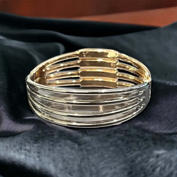 Trendy Brushed Gold and Silver Tone Hinged Cuff Bangle ( bracelet) - Picture 3 of 4